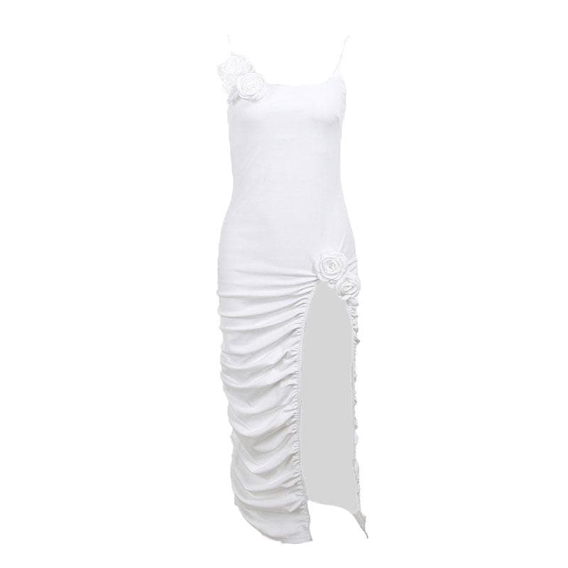 Square Neck Spaghetti Strap Flower Applique Ruched High Split Maxi Dress