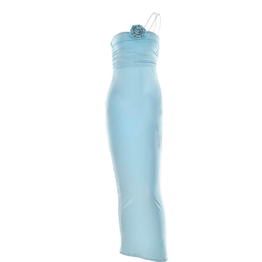 Flower applique solid one shoulder ruched zip-up maxi dress - View 2