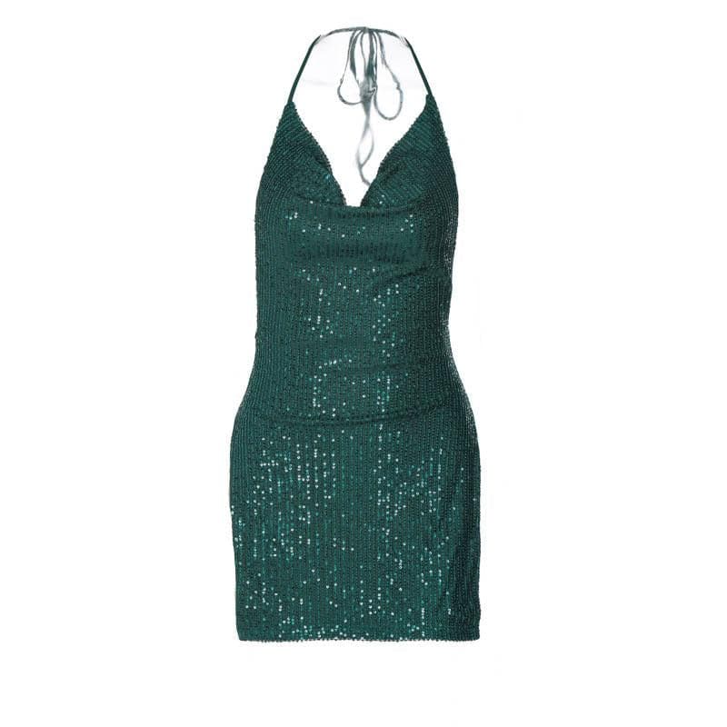Glitter Cowl Neck Halter Backless High Split Bodycon Mini Dress