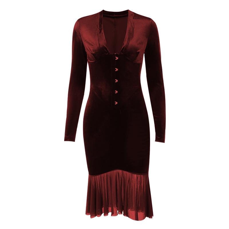 Velvet button ruffle long sleeve v neck solid midi dress - View 8