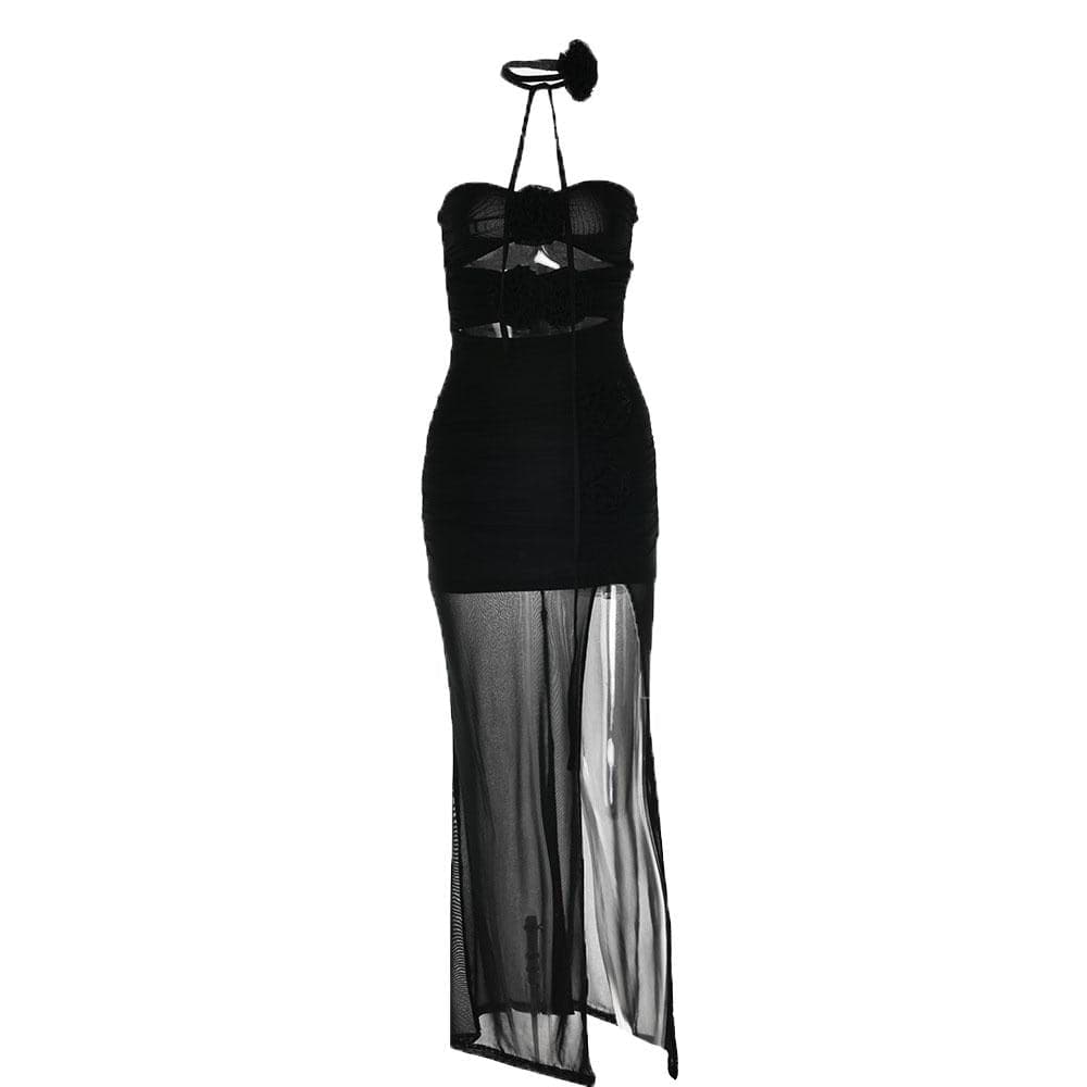 Mesh Strapless Flower Applique Cut Out High Split Maxi Dress