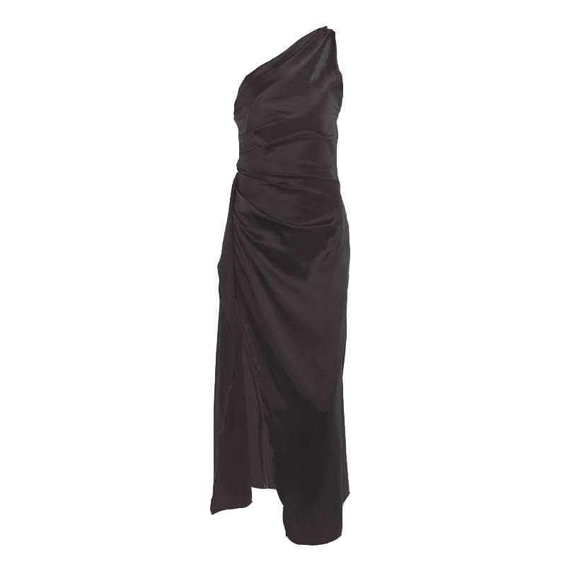 Slit solid satin one shoulder irregular ruched maxi dress 9