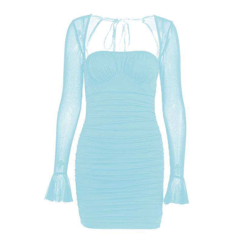Mesh flared sleeve solid ruched zip-up lace up mini dress 11