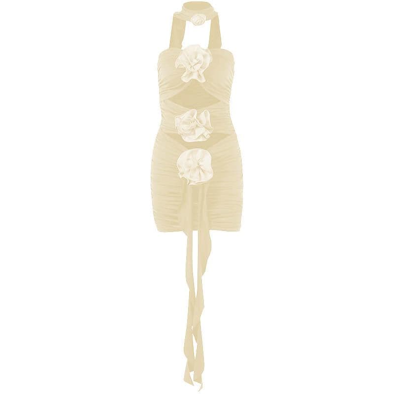 Flower Applique Strapless Cut Out Ruched Bodycon Mini Dress