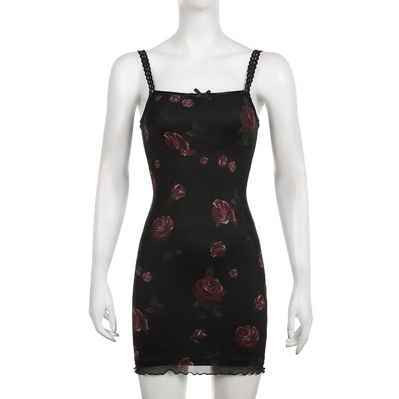 Floral Print Square Neck Spaghetti Strap Lace Trim Bodycon Mini Dress