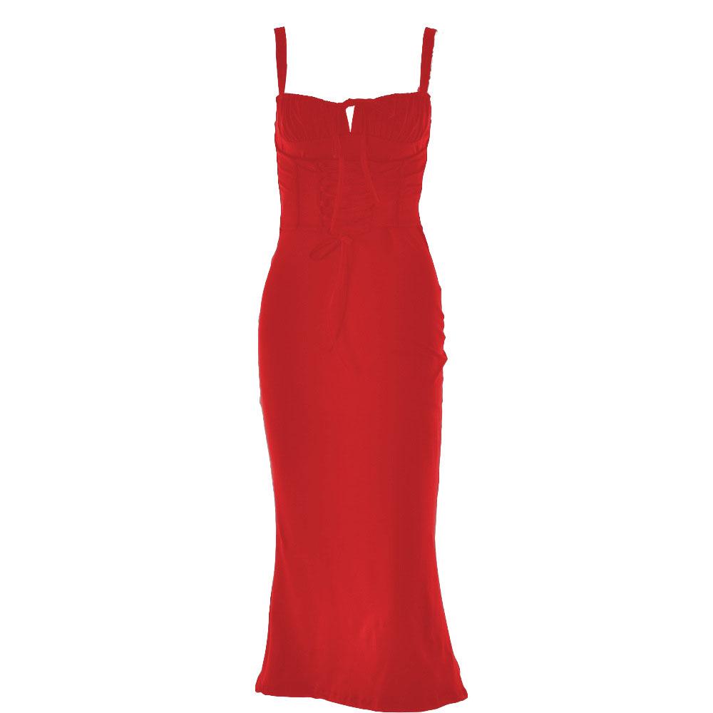 Ruched solid lace up self tie backless sleeveless midi dress 8