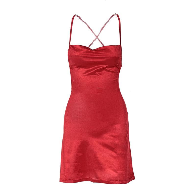 Cross back solid satin cowl neck lace up self tie backless mini dress 10