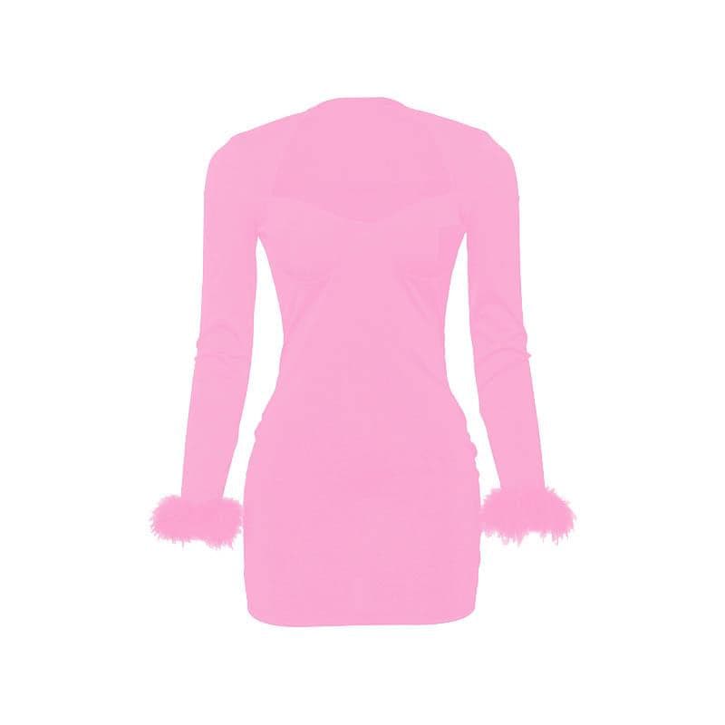 Feather Patchwork Long Sleeve Low Cut Mini Dress