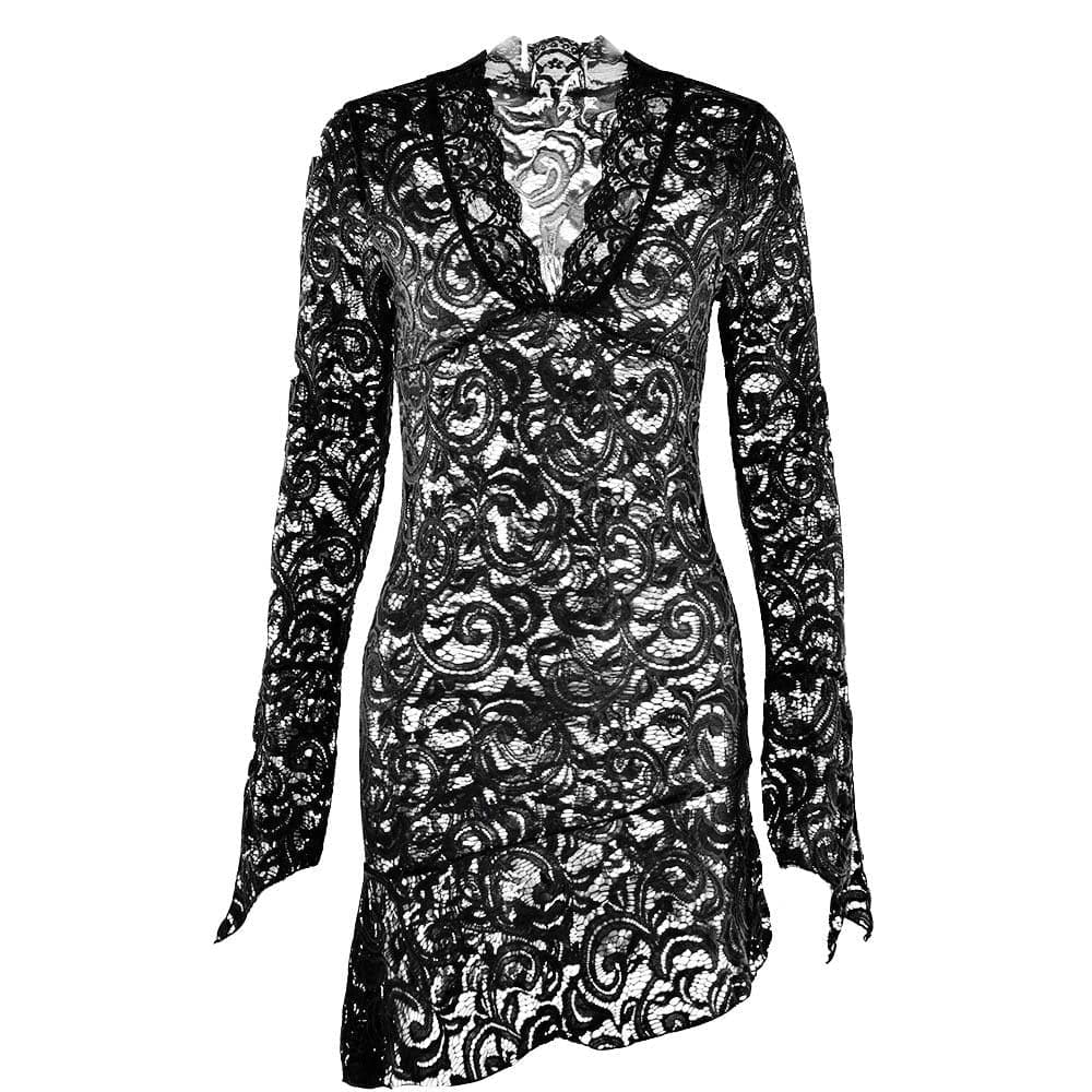 Sheer Lace V-Neck Flared Long Sleeve Asymmetric Hem Mini Dress 2