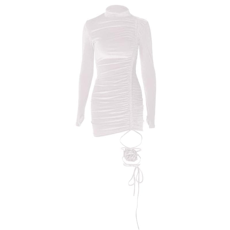 Velvet High Neck Long Sleeve Ruched Rosette Bodycon Mini Dress