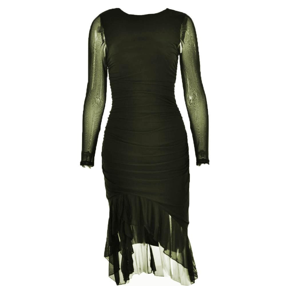 Mesh Ruched Long Sleeve Backless Ruffle Midi Dress