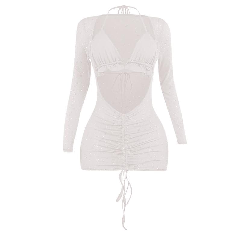 Rhinestone Sheer Mesh Long Sleeve Halter Ruched Cut Out Mini Dress