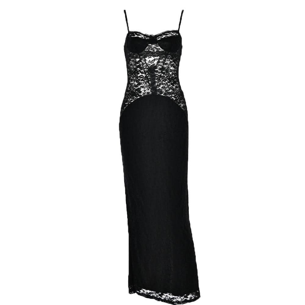 Button slit zip-up solid lace low cut maxi dress - View 2