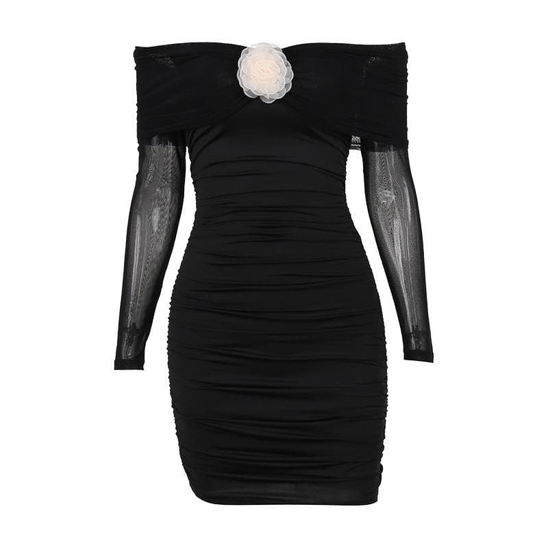 Off Shoulder Long Sleeve Ruched Rosette Bodycon Mini Dress