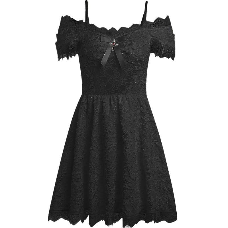 Floral Lace Off Shoulder Short Sleeve Bow Front Fit and Flare Mini Dress 8