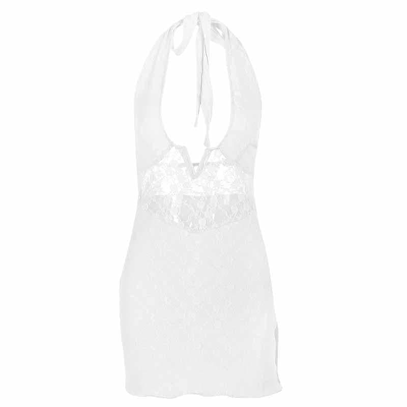 Lace Halter Deep V-Neck High Split Mini Dress