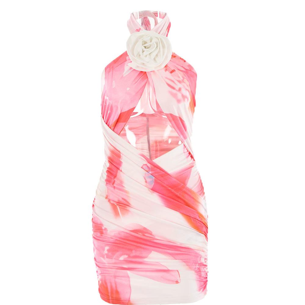 Tie Dye Halter Neck 3D Flower Cut Out Bodycon Mini Dress