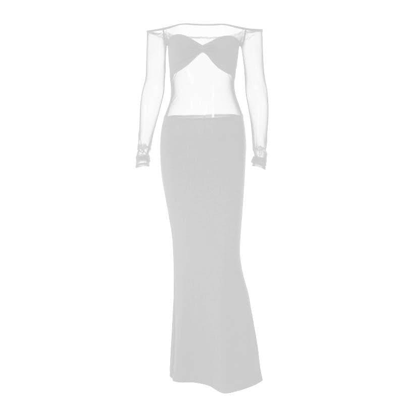 Ruched mesh patchwork off shoulder long sleeve slit maxi dress 7