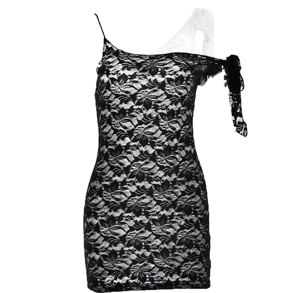 Lace contrast irregular self tie backless mini dress 2
