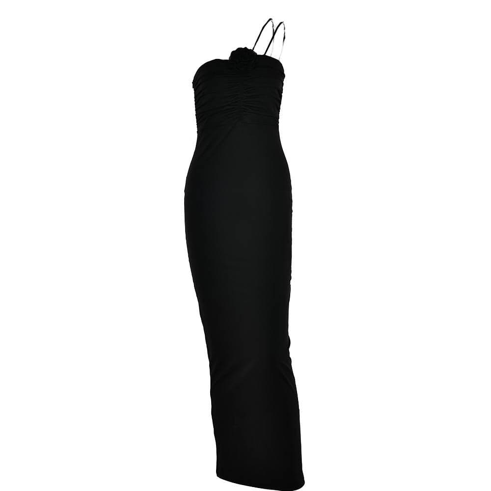Flower applique solid one shoulder ruched zip-up maxi dress - View 3