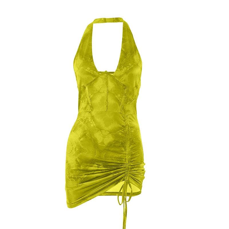 Halter Neck Corset Ruched Drawstring Backless Bodycon Mini Dress