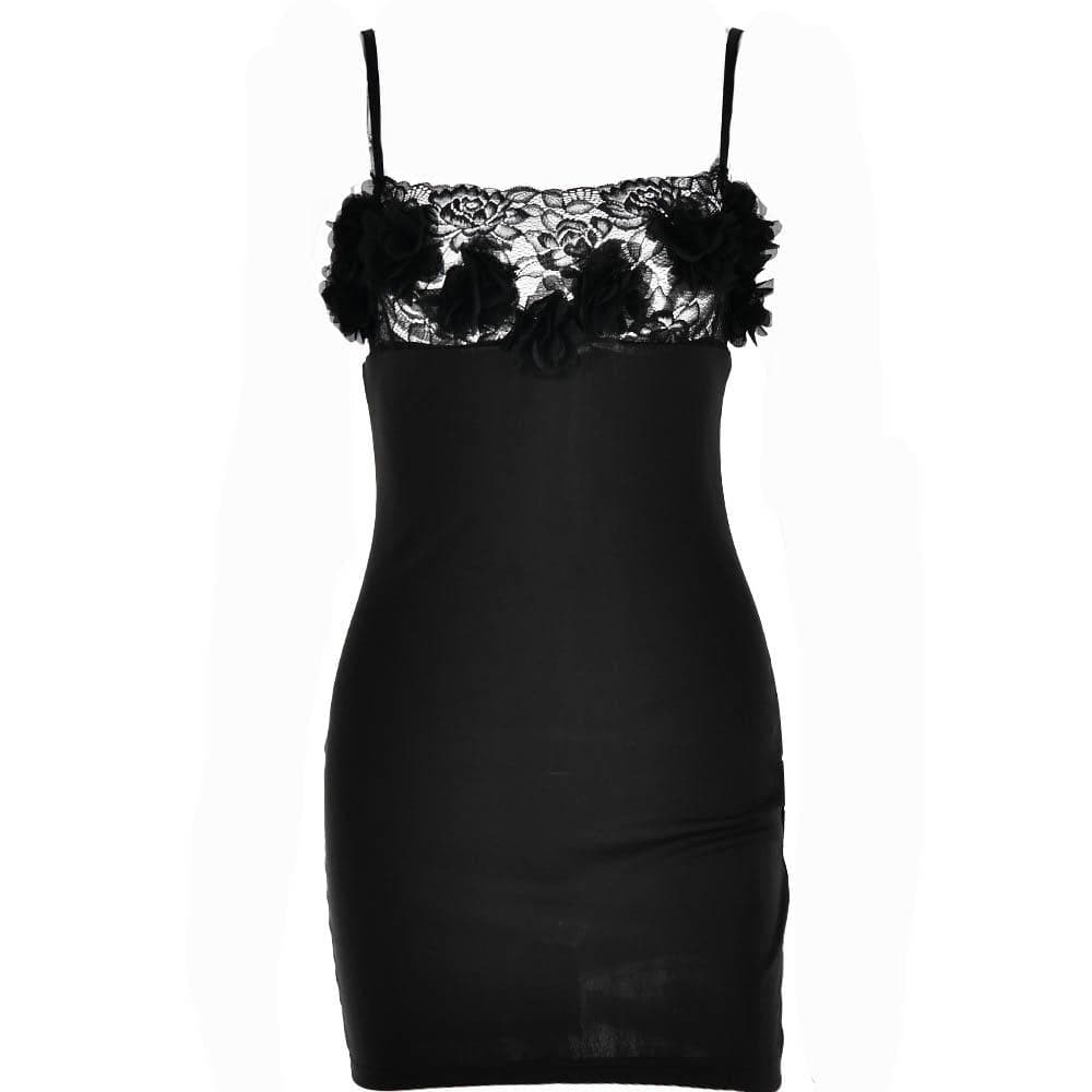 Flower Applique Lace Trim Square Neck Spaghetti Strap Bodycon Mini Dress