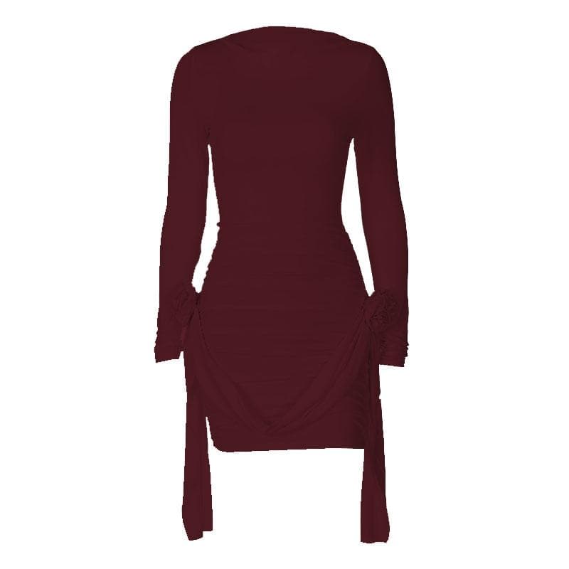 Boat Neck Long Sleeve Ruched Rosette Draped Bodycon Mini Dress