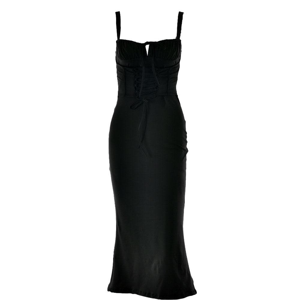 Ruched Bust Lace Up Front Square Neck Sleeveless Bodycon Midi Dress