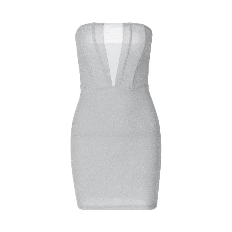 Glitter Strapless Deep V-Neck Bodycon Mini Dress