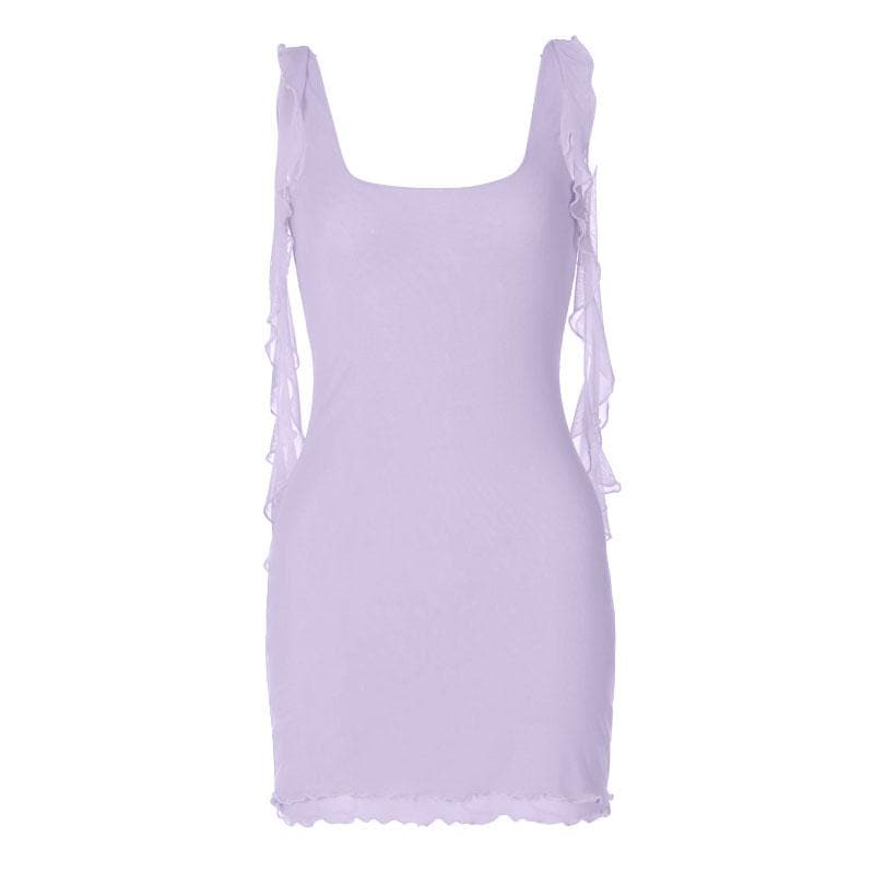 Mesh Square Neck Ruffle Strap Layered Hem Bodycon Mini Dress 5