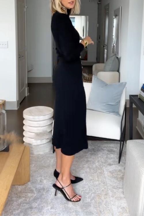 High Neck Long Sleeve Slit Bodycon Knit Midi Dress 6