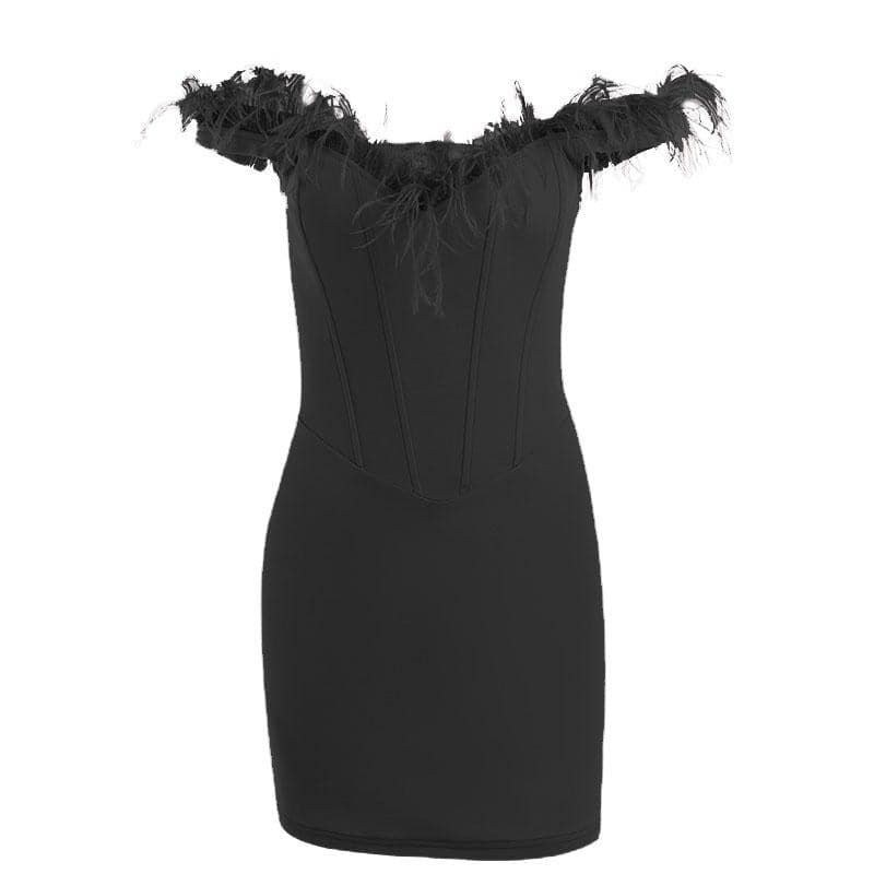 Feather Off Shoulder Sweetheart Corset Bodycon Mini Dress