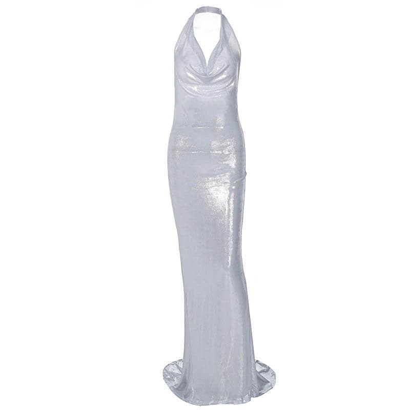 Metallic Cowl Neck Ruched Halter Backless Maxi Dress 10