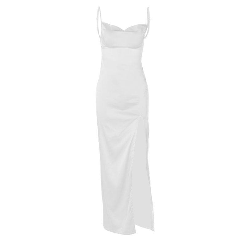 Cowl neck solid backless slit satin cami maxi dress 2