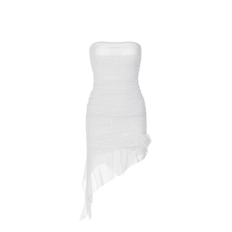Mesh Strapless Ruched Floral Applique High Low Mini Dress