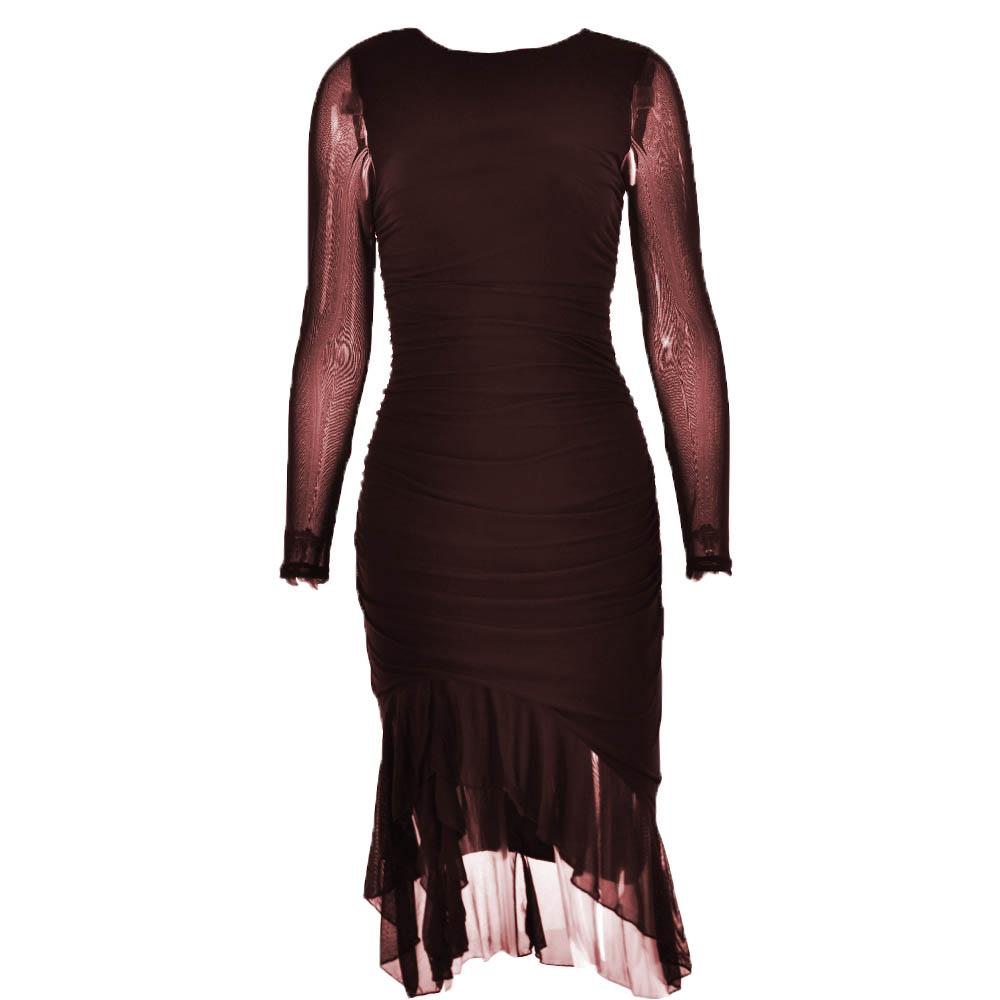 Mesh Ruched Long Sleeve Backless Ruffle Midi Dress