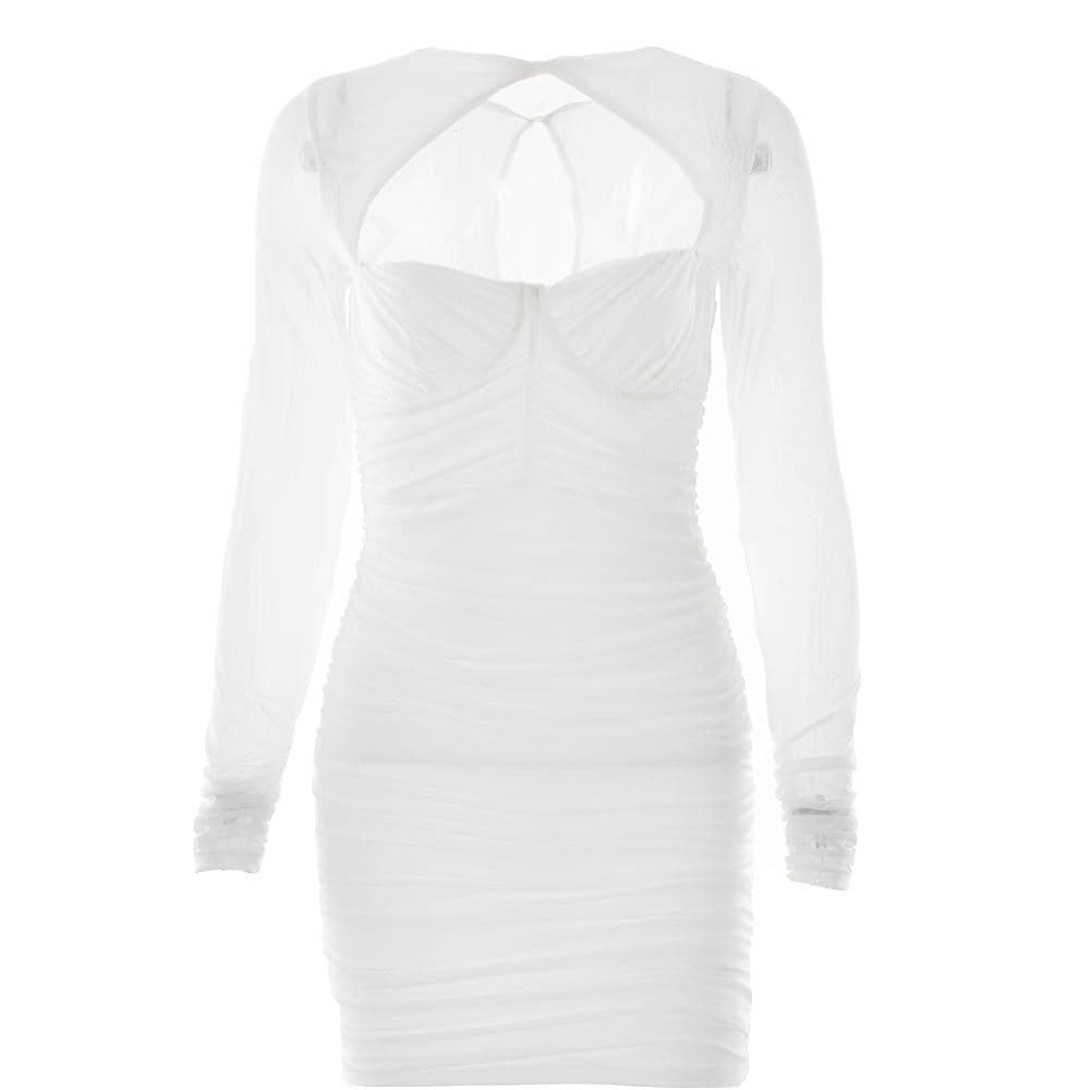 Hollow out ruched mesh long sleeve zip-up button mini dress 9