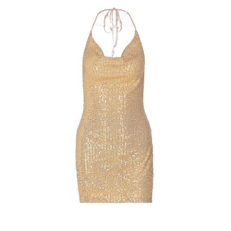 Glitter Cowl Neck Halter Backless High Split Bodycon Mini Dress