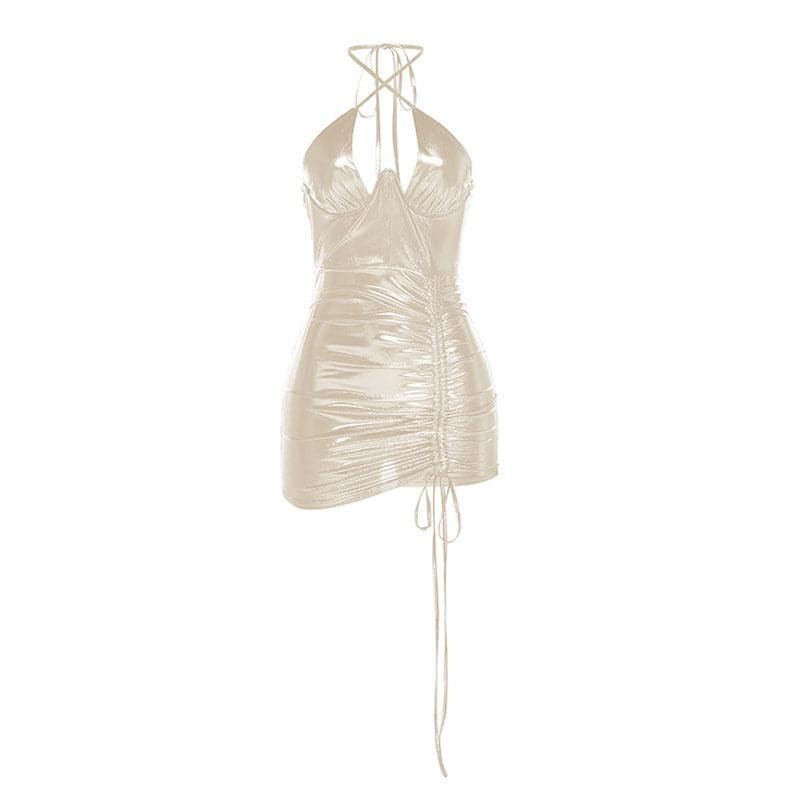 Metallic Halter Neck Ruched Drawstring Bodycon Mini Dress