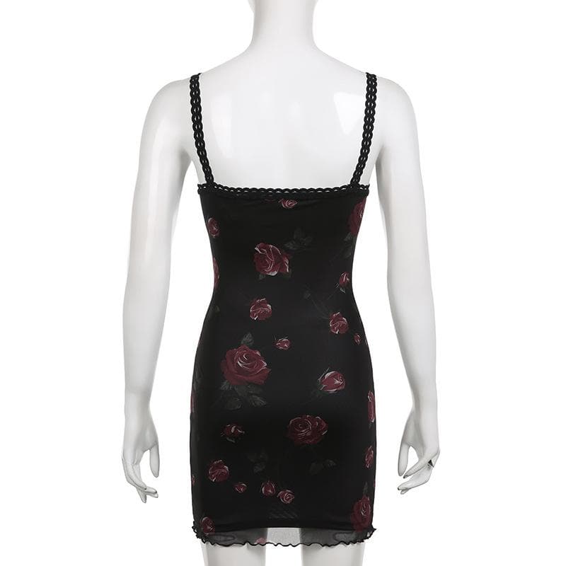 Floral Print Square Neck Spaghetti Strap Lace Trim Bodycon Mini Dress