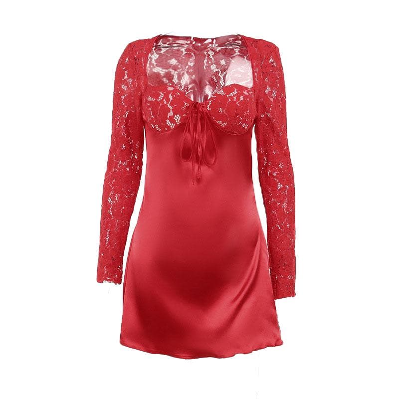 Lace zip-up long sleeve patchwork padded mini dress 2