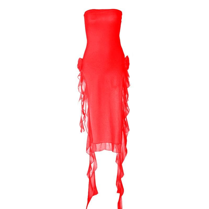Flower Applique Strapless Backless High Split Maxi Dress - View 9