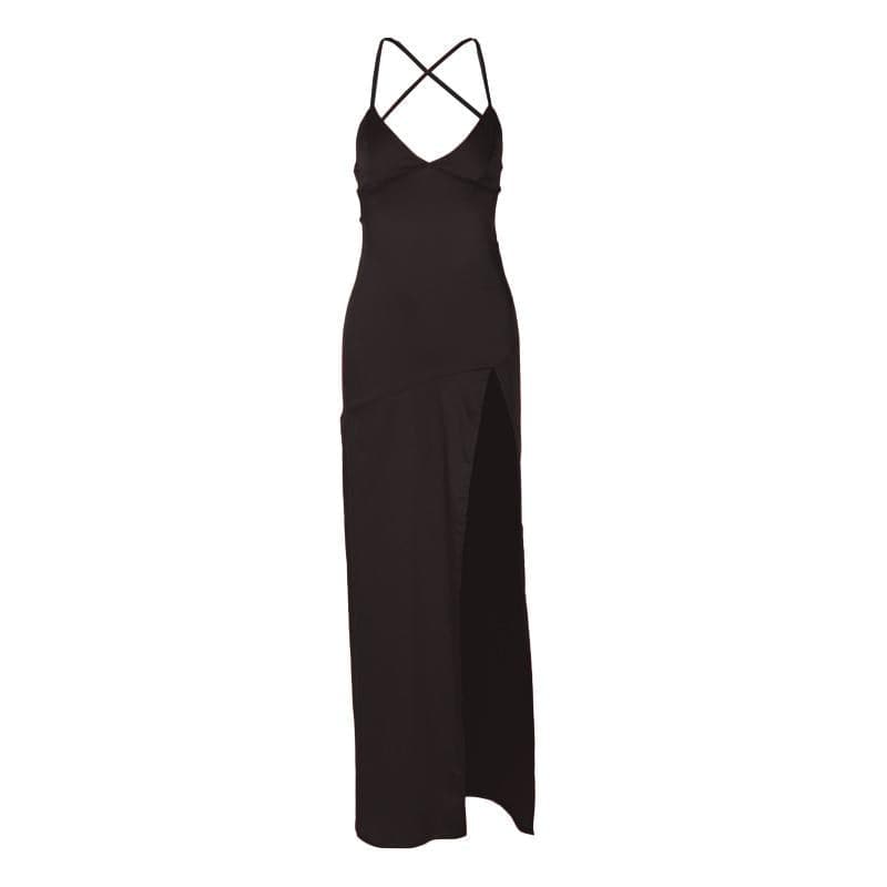 Slit cross back satin backless solid v neck maxi dress 10