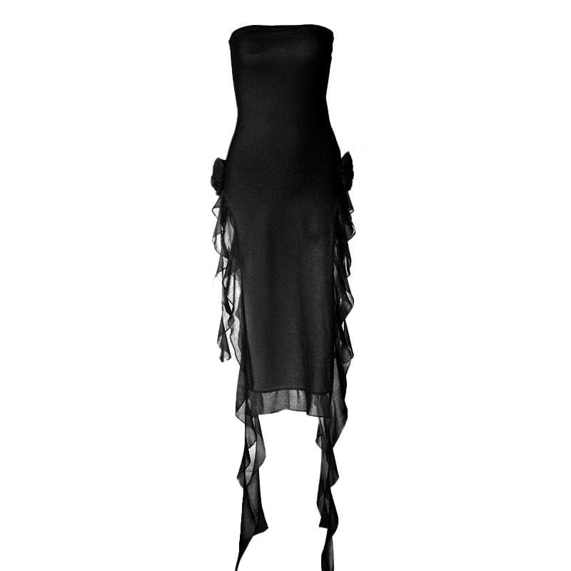 Flower Applique Strapless Backless High Split Maxi Dress - View 11