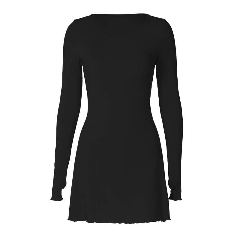 Ribbed Long Sleeve Lace Up Ruffle Mini Dress