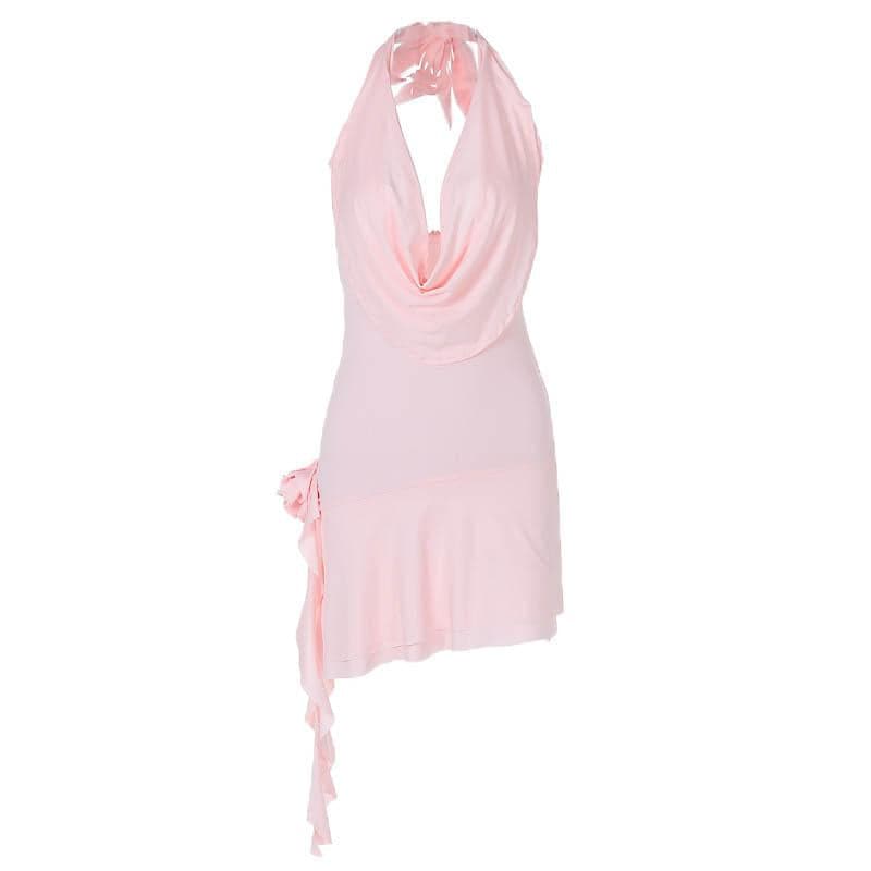 Halter Deep Cowl Neck Backless Ruffle Mini Dress