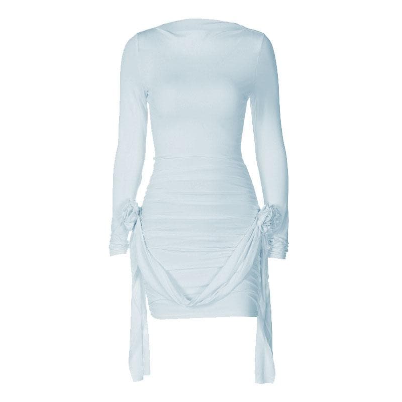 Boat Neck Long Sleeve Ruched Rosette Draped Bodycon Mini Dress