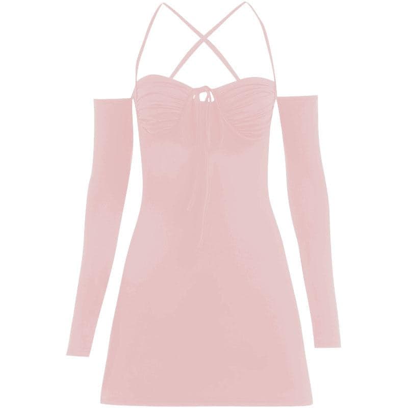 Lace up solid cross back off shoulder long sleeve mini dress 8