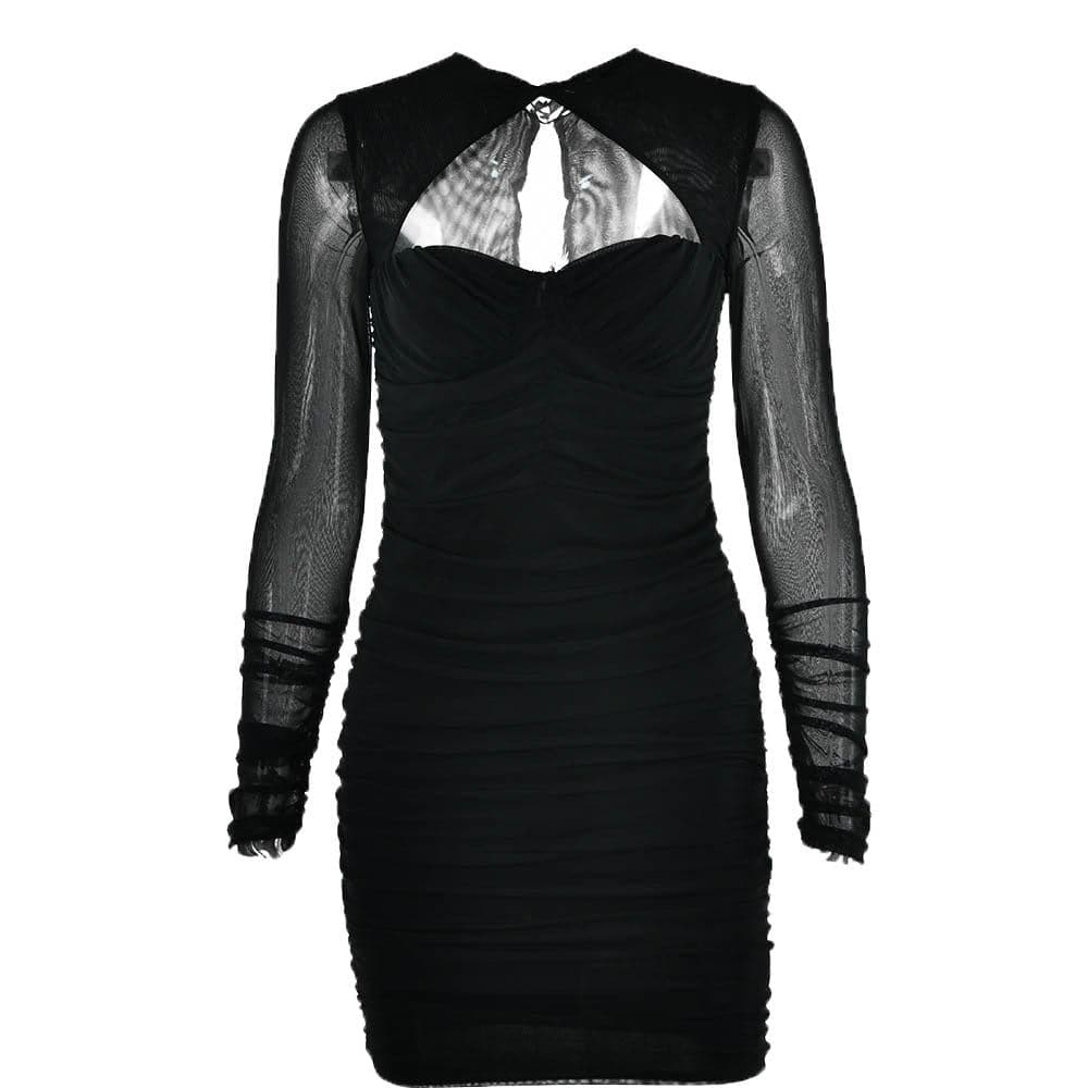 Hollow out ruched mesh long sleeve zip-up button mini dress 3