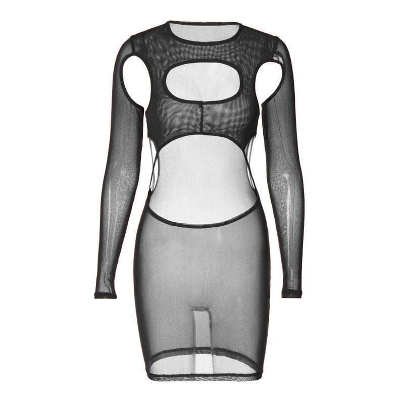 Long sleeve hollow out sheer mesh see through mini dress 2